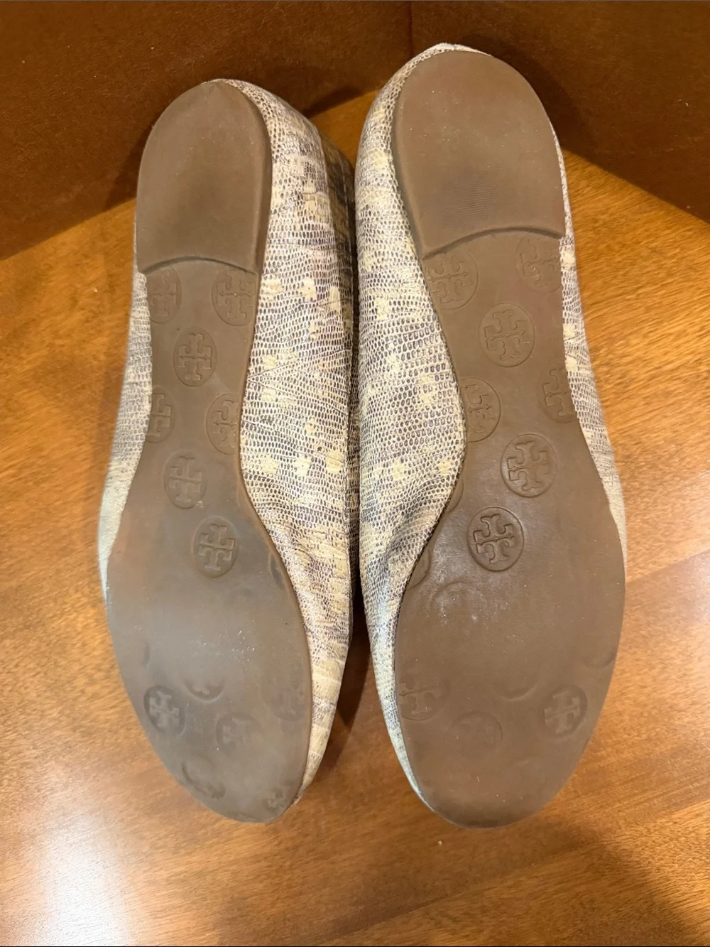 Tory Burch Light Neutral Patterned Logo Ballet Flats with Gold Medallions